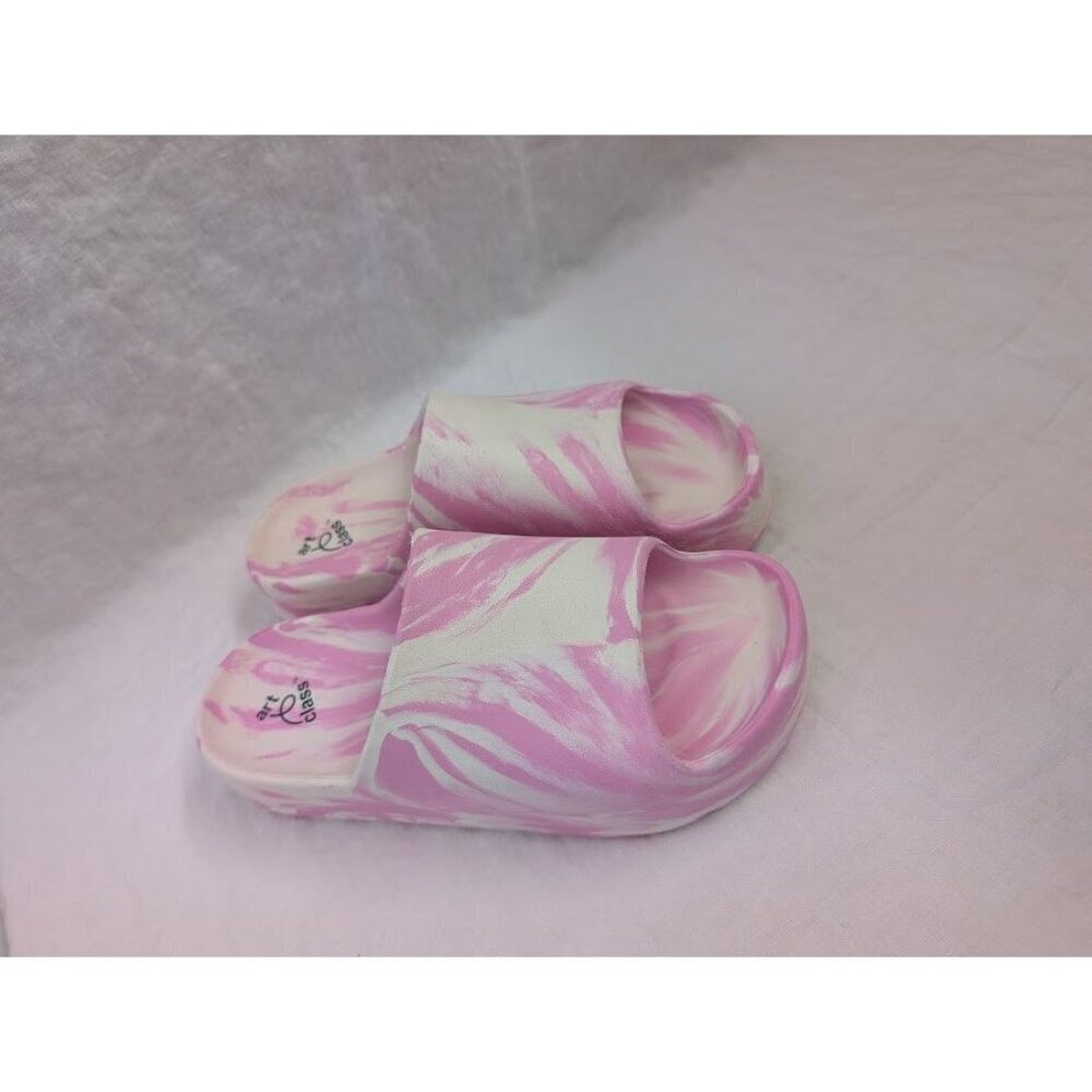 Art class girls size youth 5 pink and white marble Edie slides, chunky new, P8